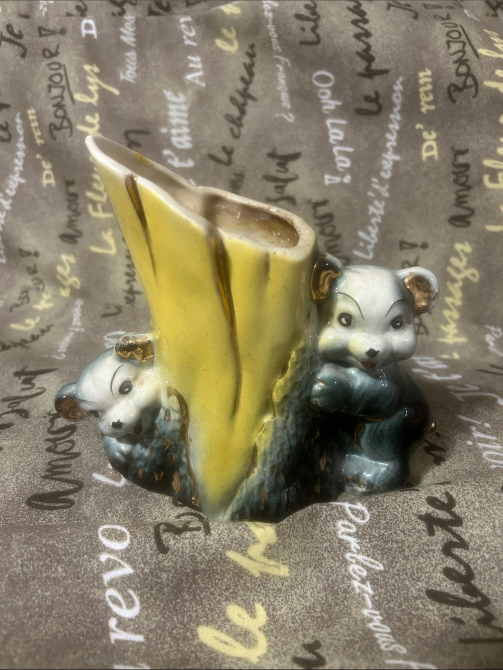 Vintage Ceramic Bear Planter with Yellow Tree Stump Accent